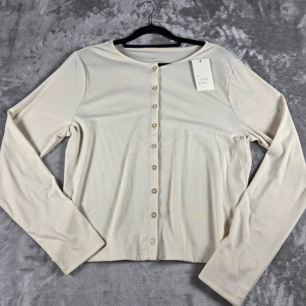 Minimalist Cream Ribbed Button Front Cardigan XL A New Day Neutral Basic